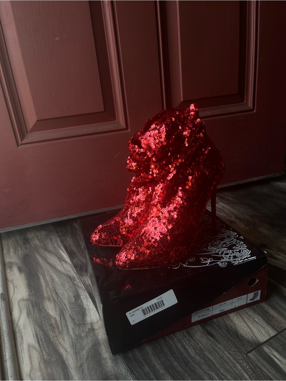 Red Sequin High-Heel Ankle Boots - Women
